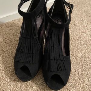 Candies Black Suede Fringe Heels 9.5